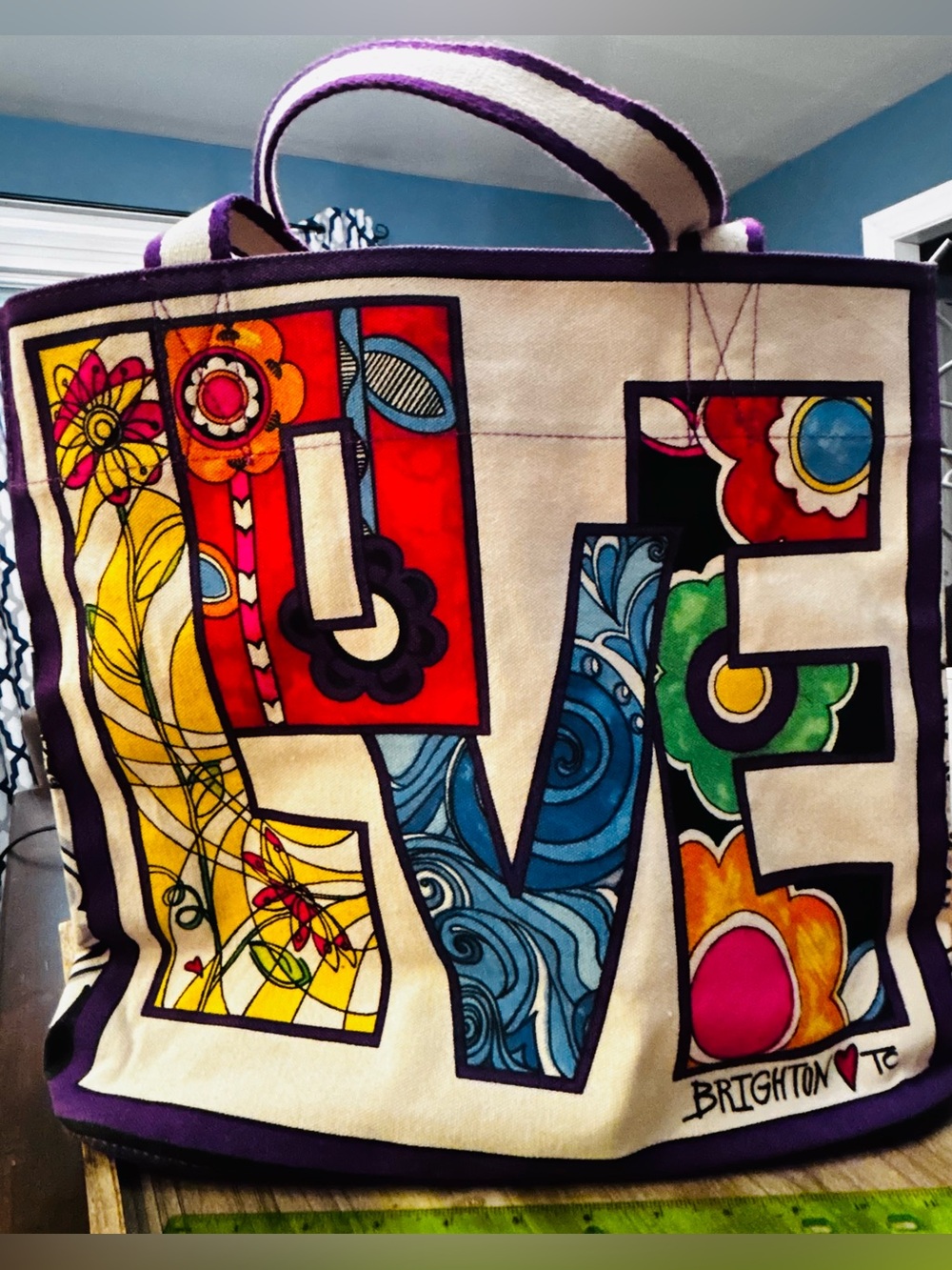 Brighton Canvas Love Groove Tote with Bold 'LOVE' and heart Graphics - Picture 2 of 7